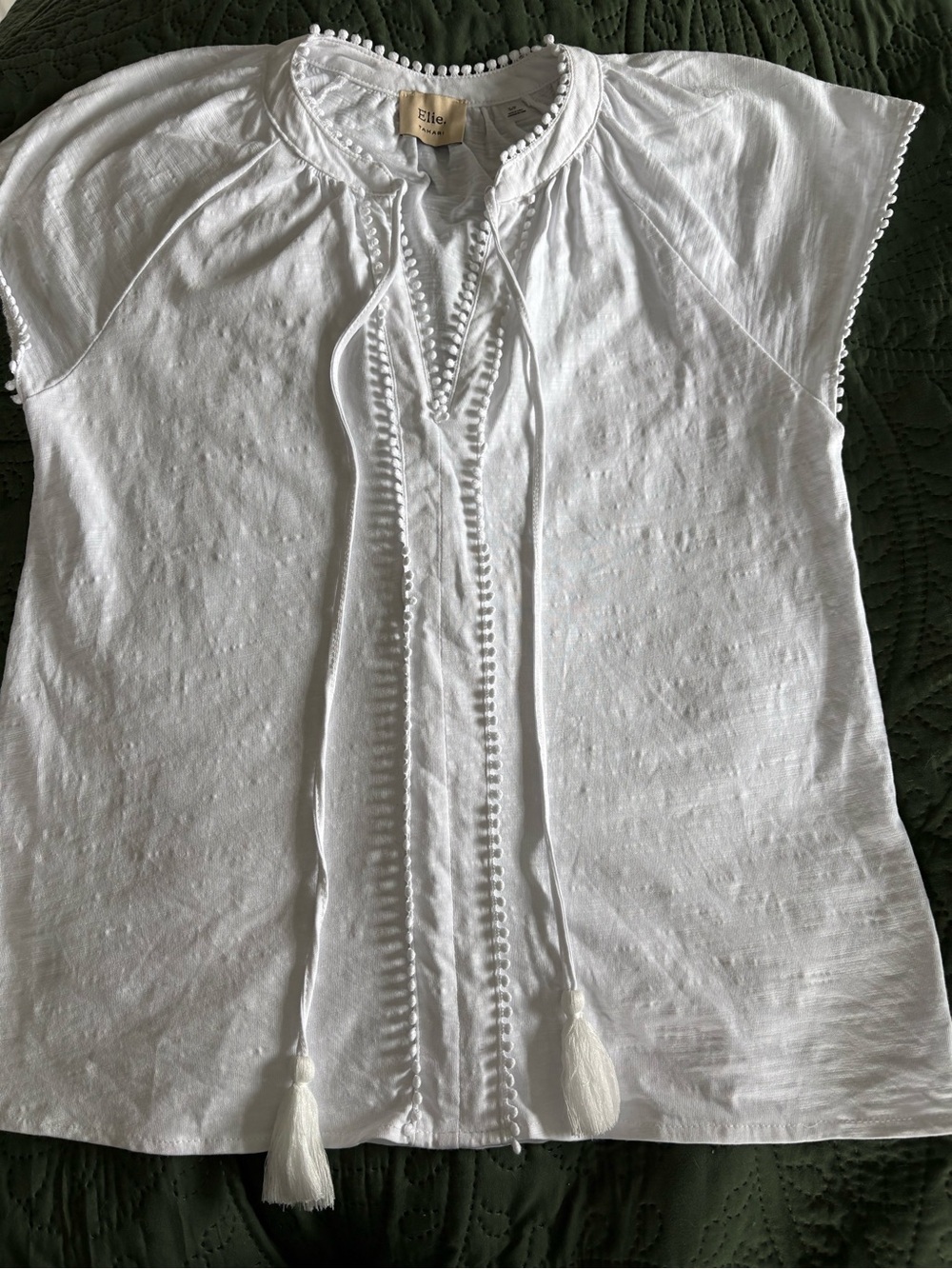 Elie Tahari White Tassel-Trim Short Sleeve Blouse